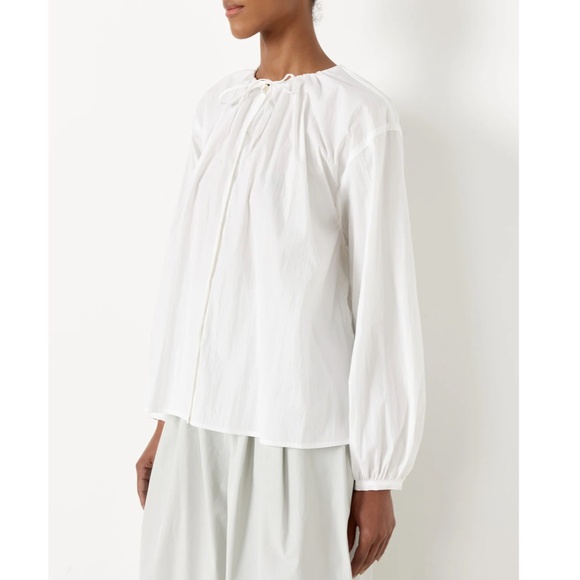 NWOT- Amomento Drawstring White Shirred Blouse Balloon Sleeves One Size Top - Picture 3 of 15